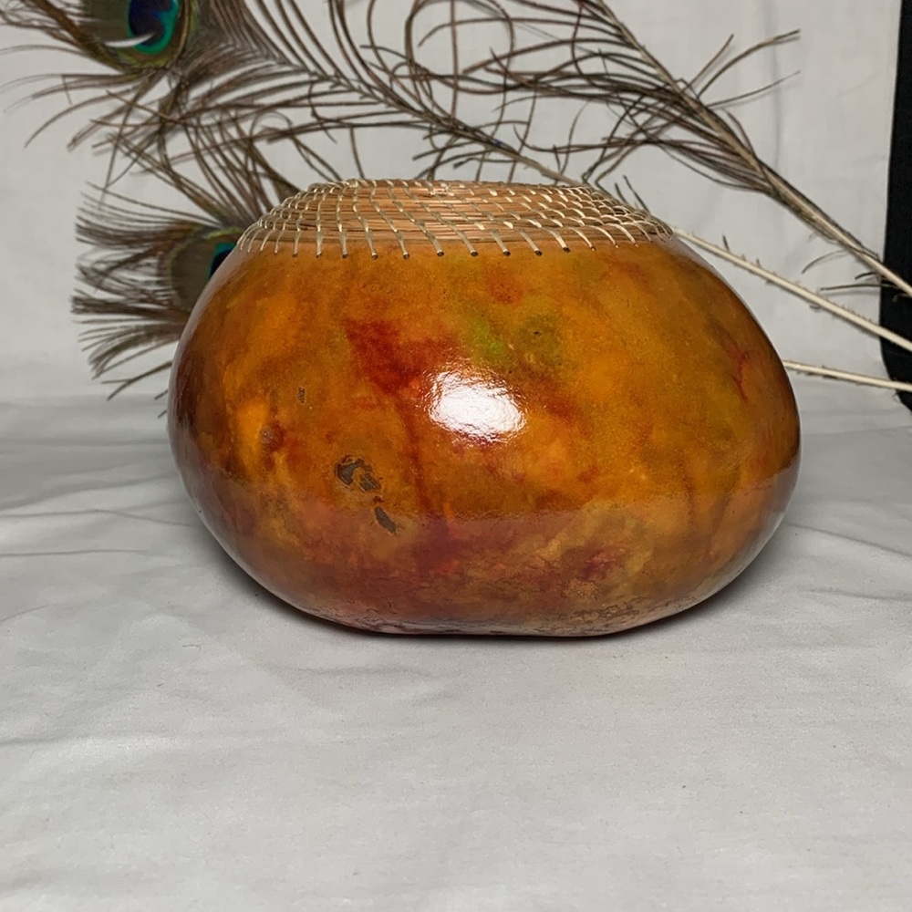 Hand Crafted Gourd Vase w/ Woven Pine Needle Accent - Picture 4 of 7